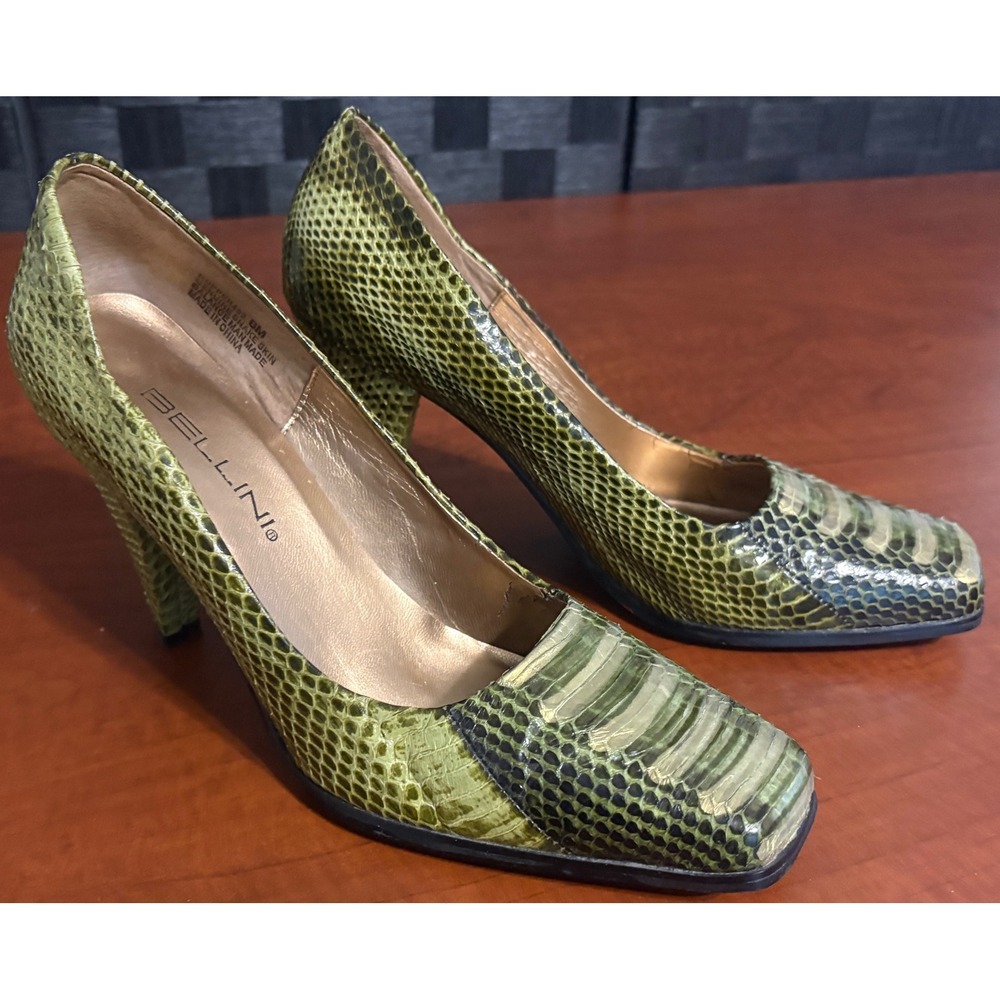 Bellini Hopper492 Green Gold Genuine Snakeskin Square Toe Pumps Heels 8M